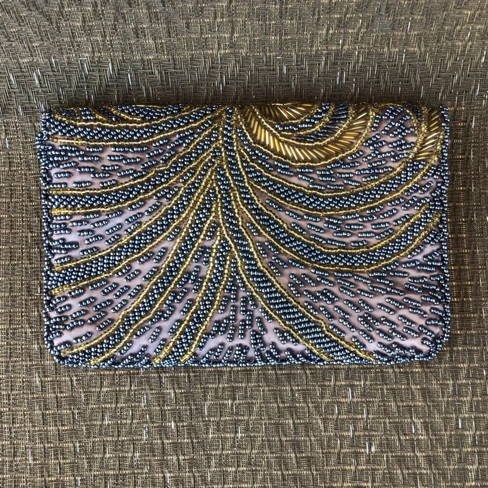 Elegant Gold/Slate Beaded Clutch Bag